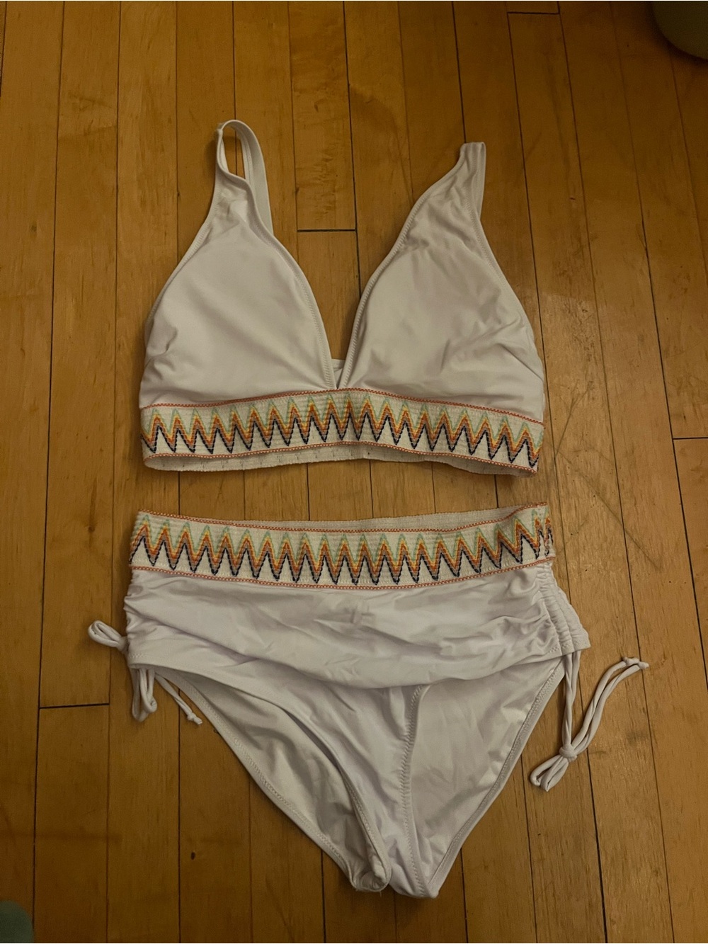 White Two-Piece Swim Set with Multicolor Zigzag Trim